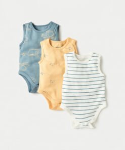 Printed Sleeveless Bodysuit with Round Neck - Set of 3