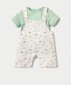 Floral Print Dungaree and Solid T-shirt Set