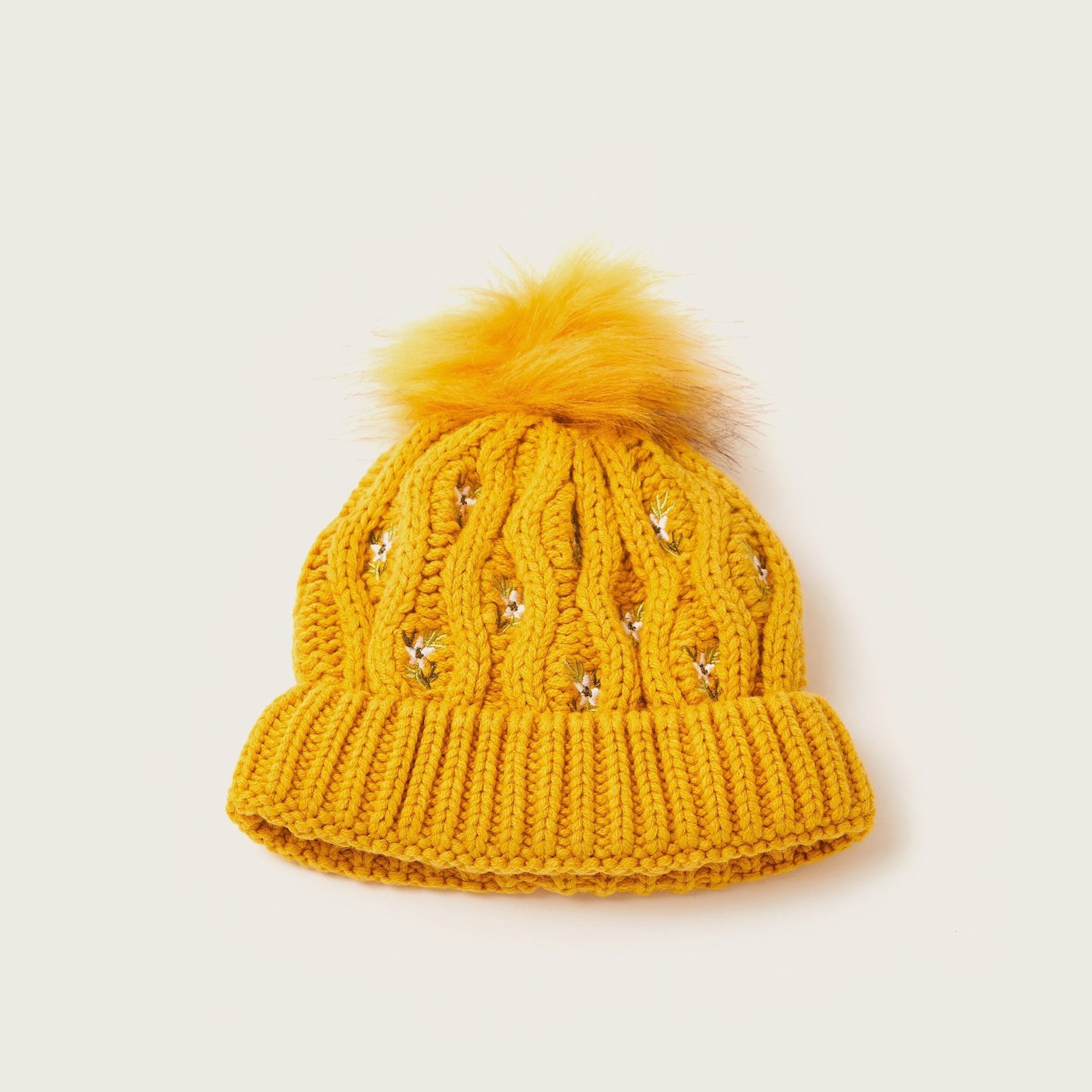 Floral Embroidered Bonnet with Pom-Pom Detail - Image 5