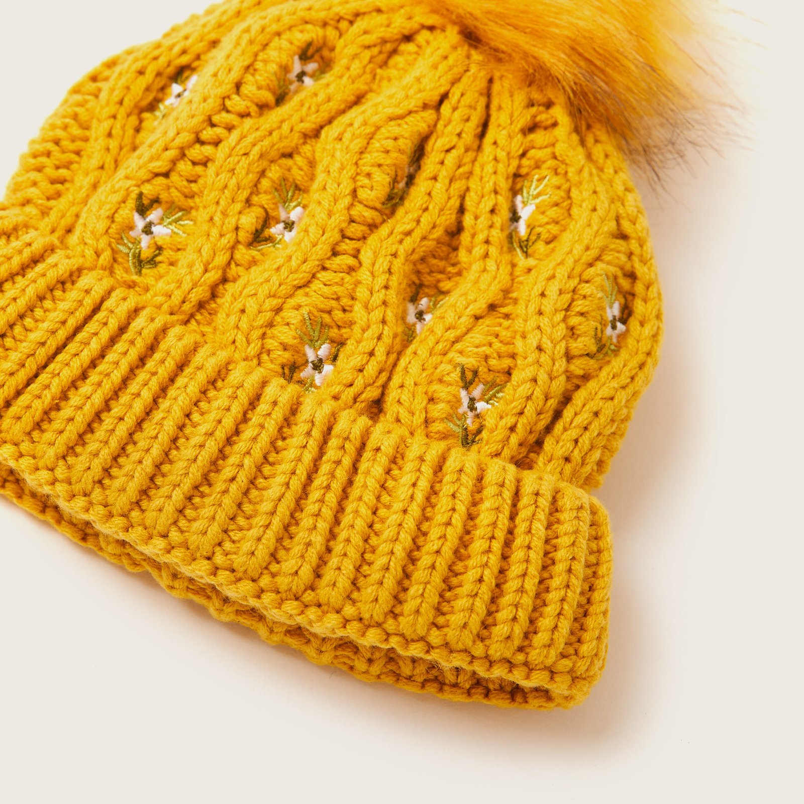 Floral Embroidered Bonnet with Pom-Pom Detail - Image 2