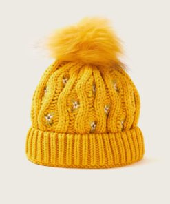 Floral Embroidered Bonnet with Pom-Pom Detail