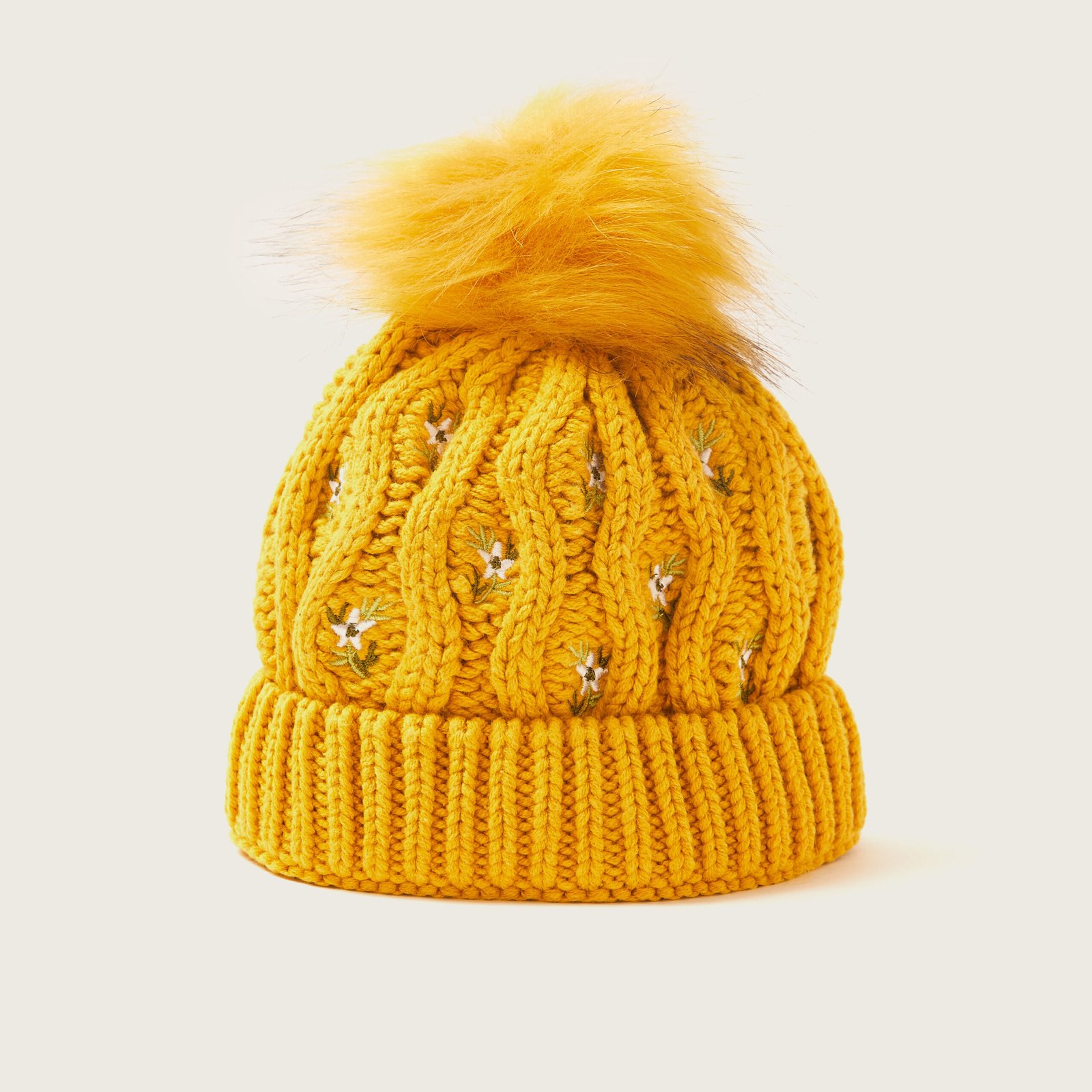 Floral Embroidered Bonnet with Pom-Pom Detail