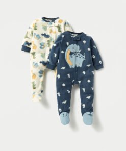 Dino Print Fleece Closed Feet Sleepsuit with Zip Closure - Set of 2