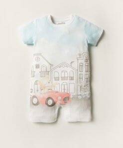 Bear and Bunny Print Romper with Short Sleeves and Crew Neck