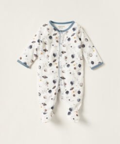Space Print Closed Feet Sleepsuit with Round Neck and Long Sleeves
