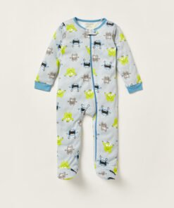 Monster Print Closed Feet Sleepsuit with Round Neck and Long Sleeves