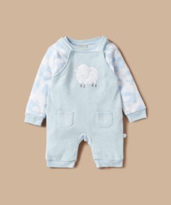 Sheep Embroidered Fleece Dungaree and T-shirt Set