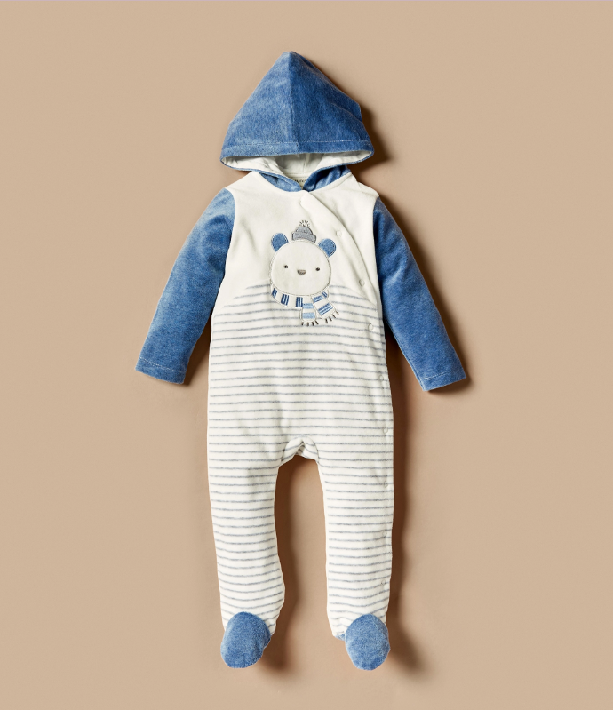 Embroidered Winter Sleepsuit with Hood and Long Sleeves