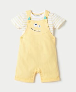 Striped T-shirt and Monster Print Dungaree Set