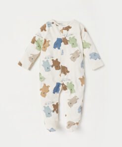 All-Over Bear Print Sleepsuit with Long Sleeves and Snap Button Closure