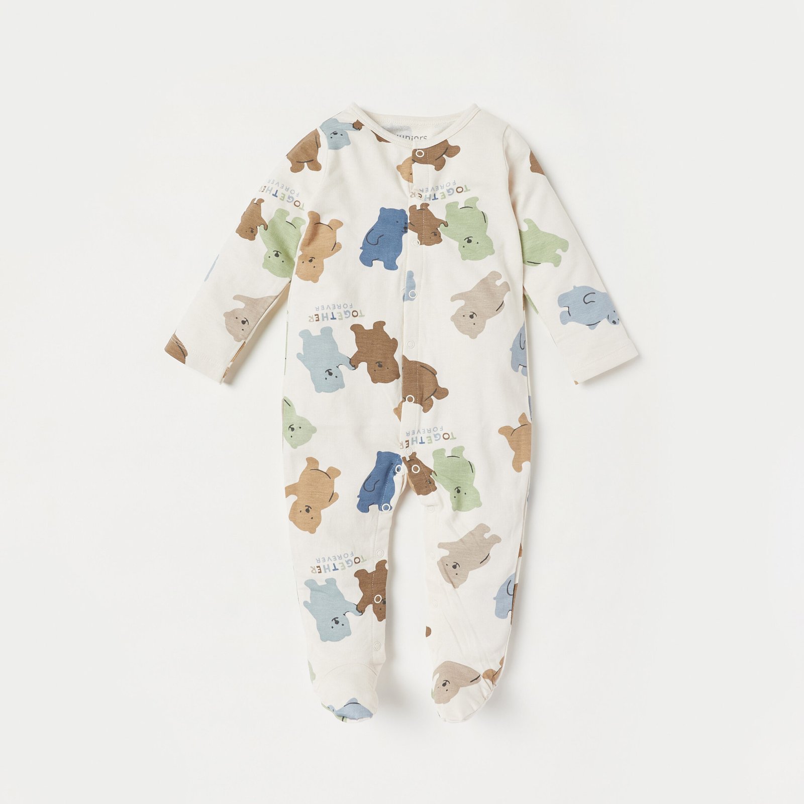 All-Over Bear Print Sleepsuit with Long Sleeves and Snap Button Closure