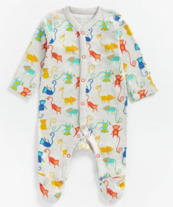 All-Over Monkey Print Closed Feet Sleepsuit with Snap Button Closure