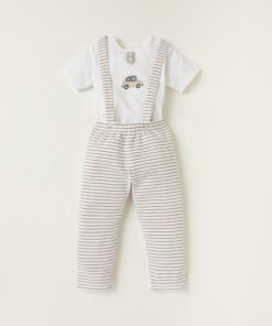 Embroidered T-shirt and Striped Dungaree Set