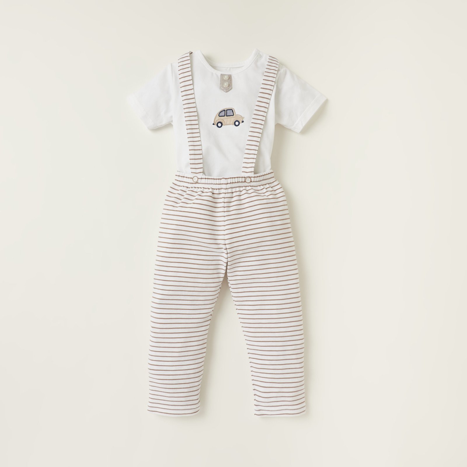 Embroidered T-shirt and Striped Dungaree Set