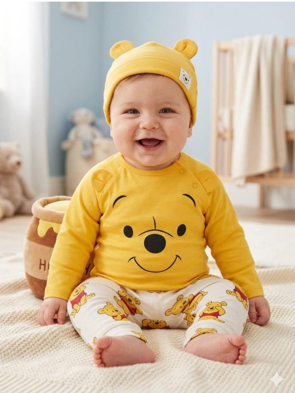 Winnie-the-Pooh Long Sleeves Bodysuit with Cap and Trousers | 3-Piece Set
