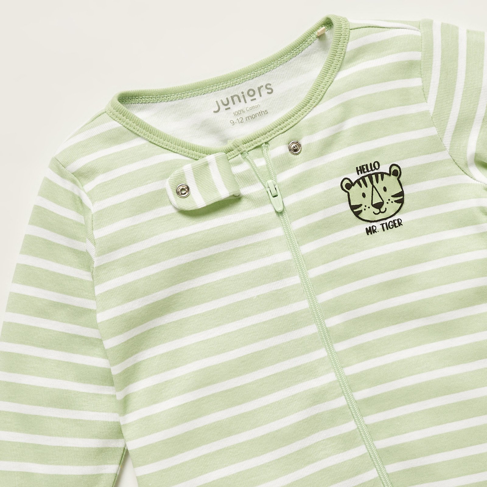 Striped Closed Feet Sleepsuit with Long Sleeves and Zip Closure - Image 2