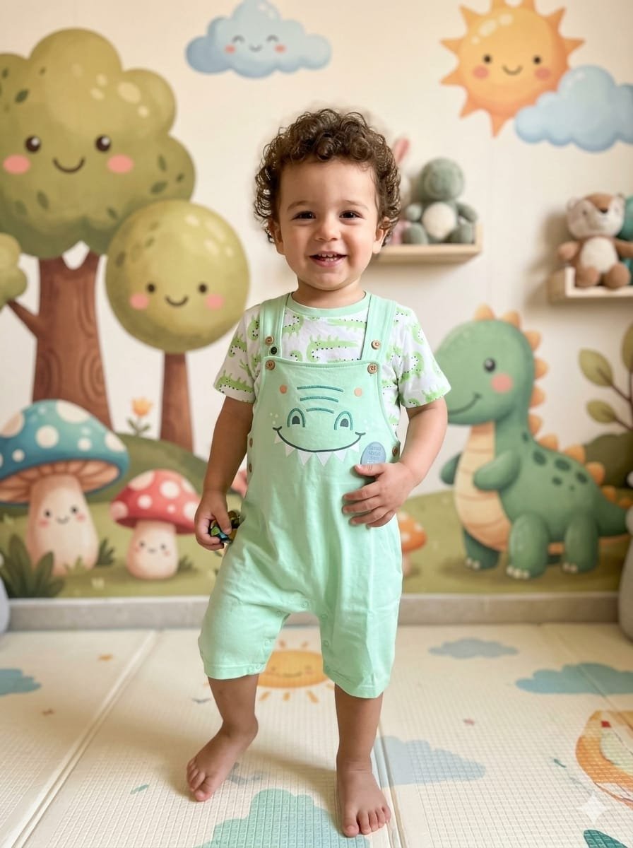 Green Printed T-shirt and Dungaree Set