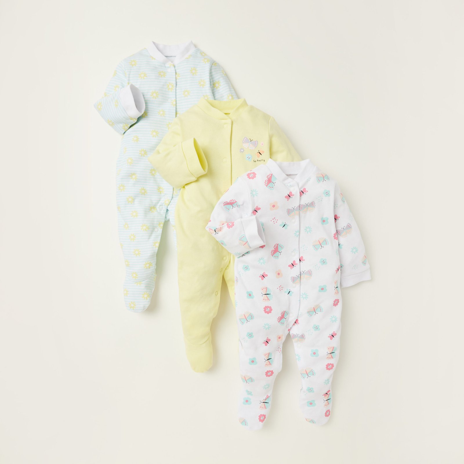 Printed Closed Feet Sleepsuit with Long Sleeves - Set of 3