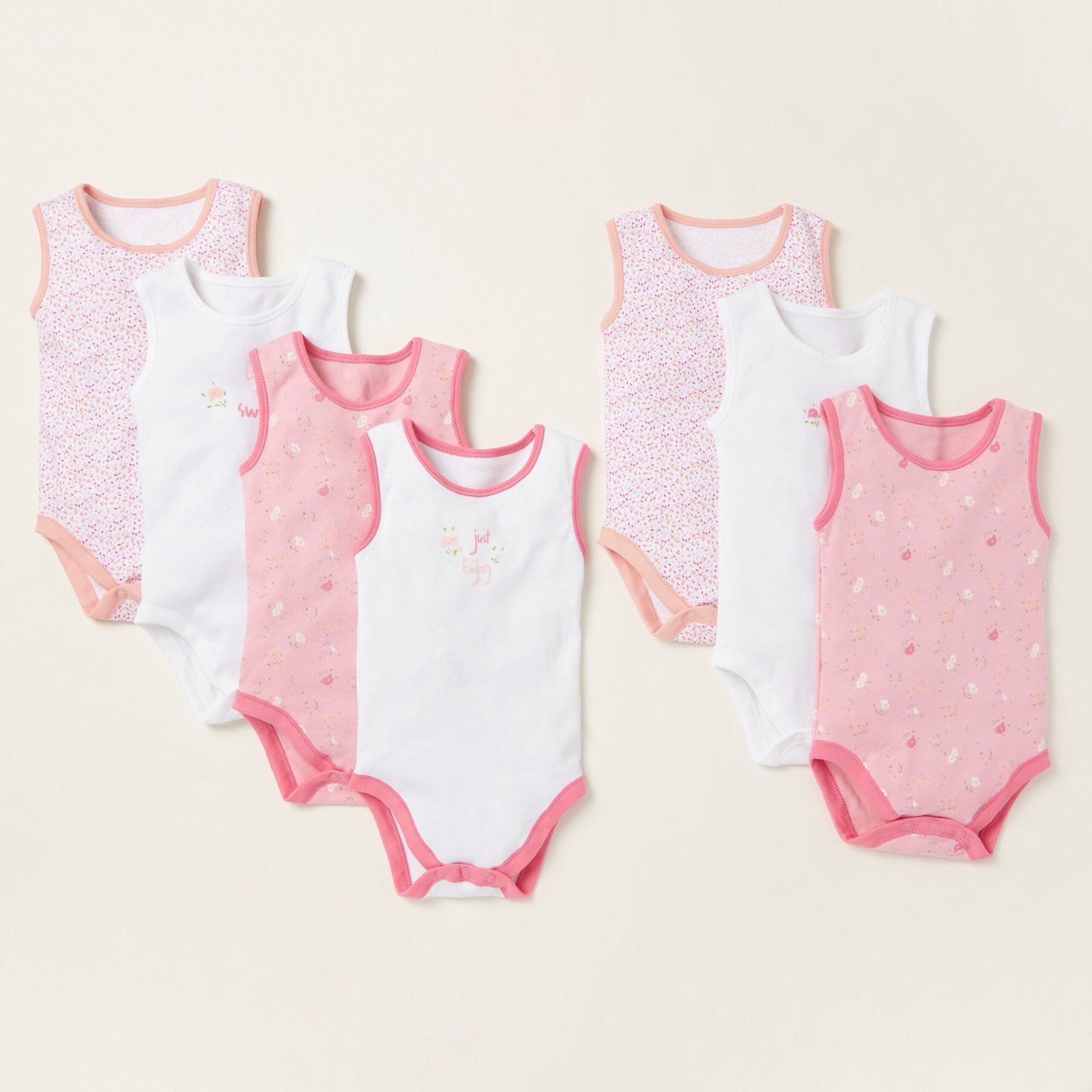 Floral Sleeveless Bodysuit with Round Neck - Pack of 7