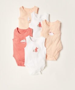 Printed Sleeveless Bodysuit with Snap Button Closure - Set of 5