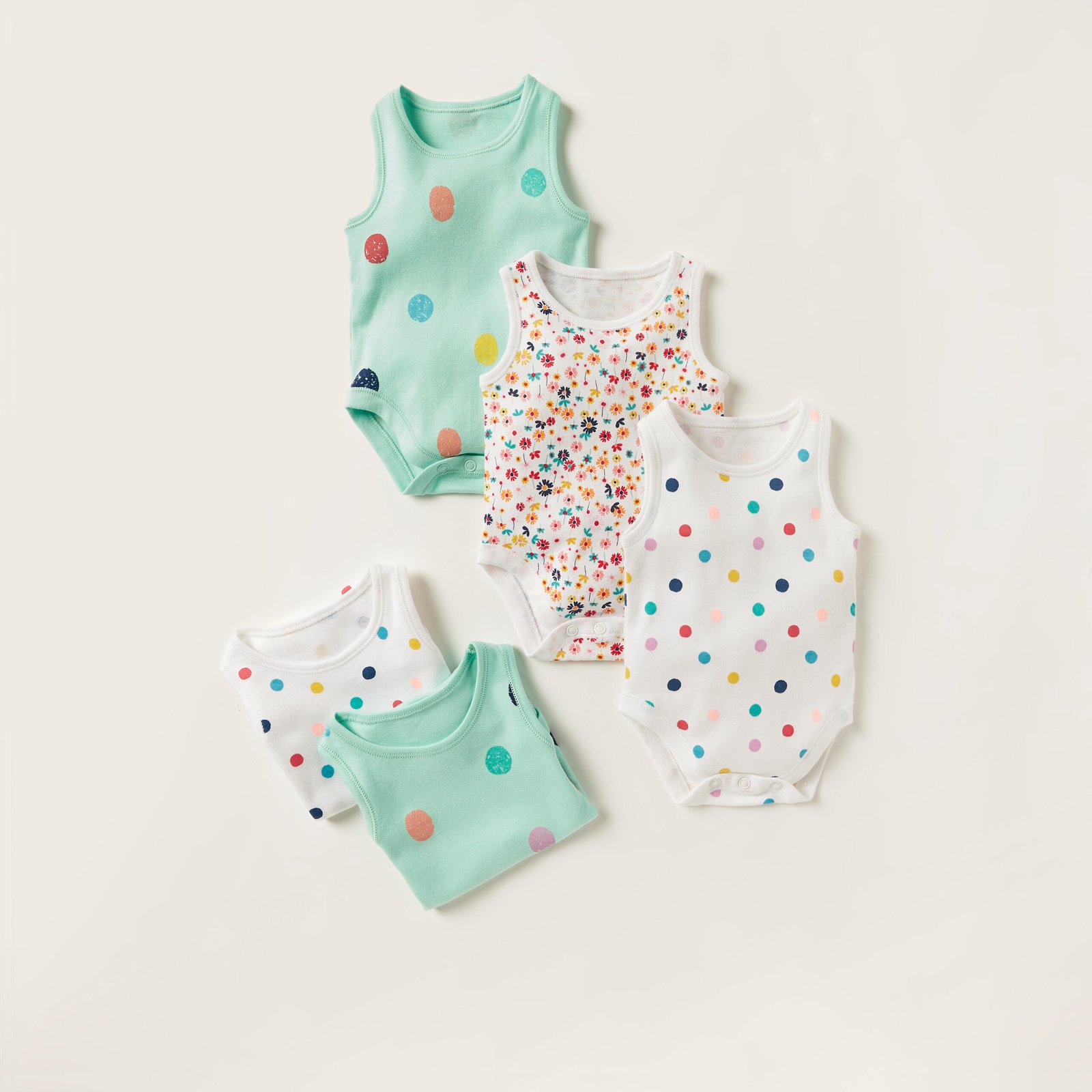 All-Over Printed Bodysuit with Round Neck | Set of 5
