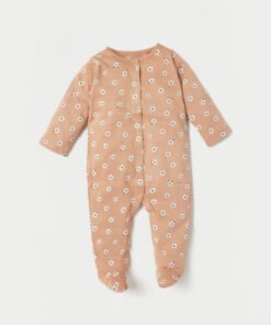 All-Over Floral Print Sleepsuit with Long Sleeves and Snap Button Closure
