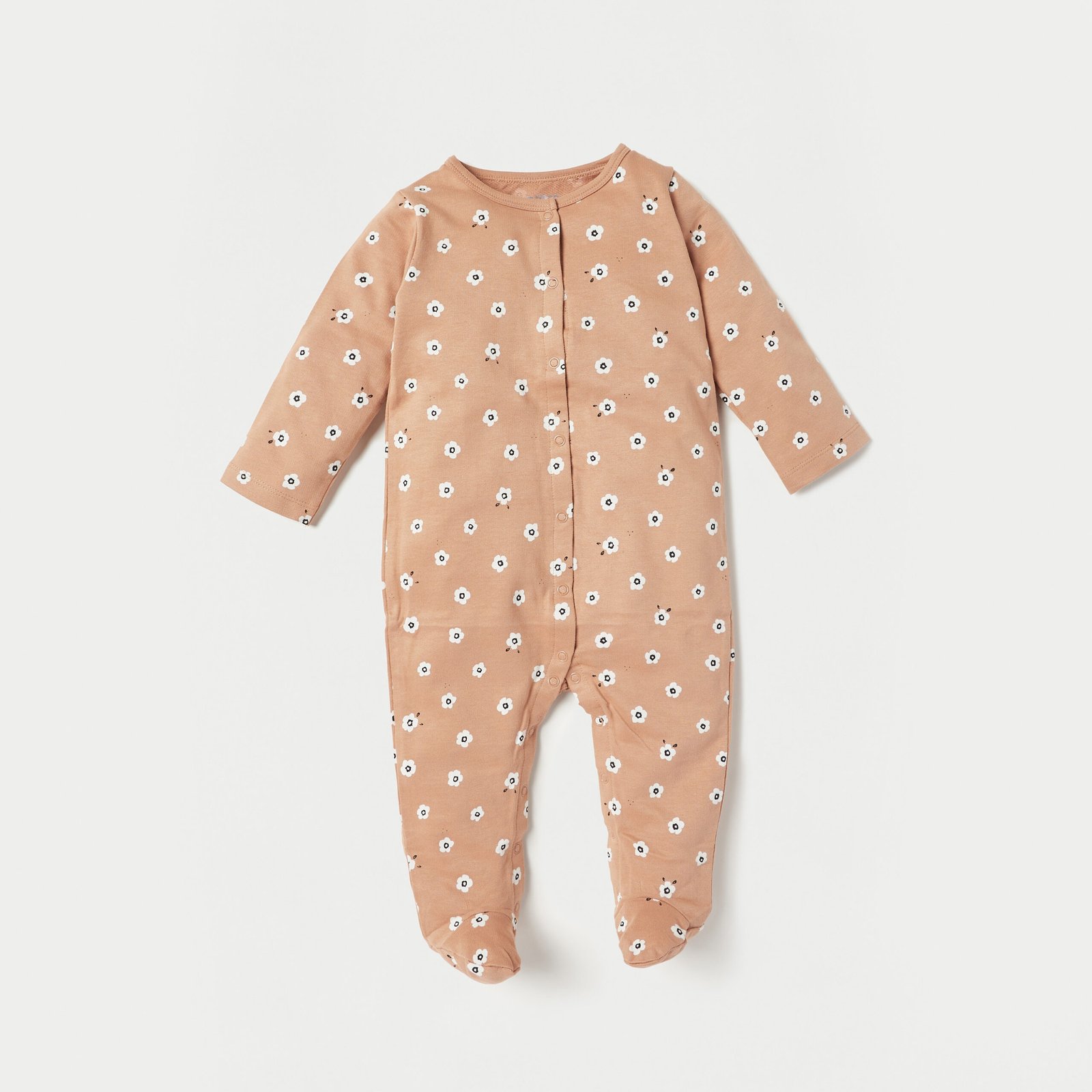 All-Over Floral Print Sleepsuit with Long Sleeves and Snap Button Closure