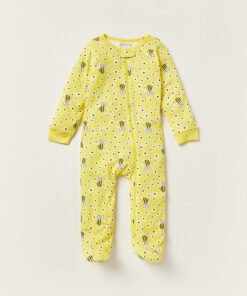 Bee Print Closed Feet Sleepsuit with Round Neck and Long Sleeves