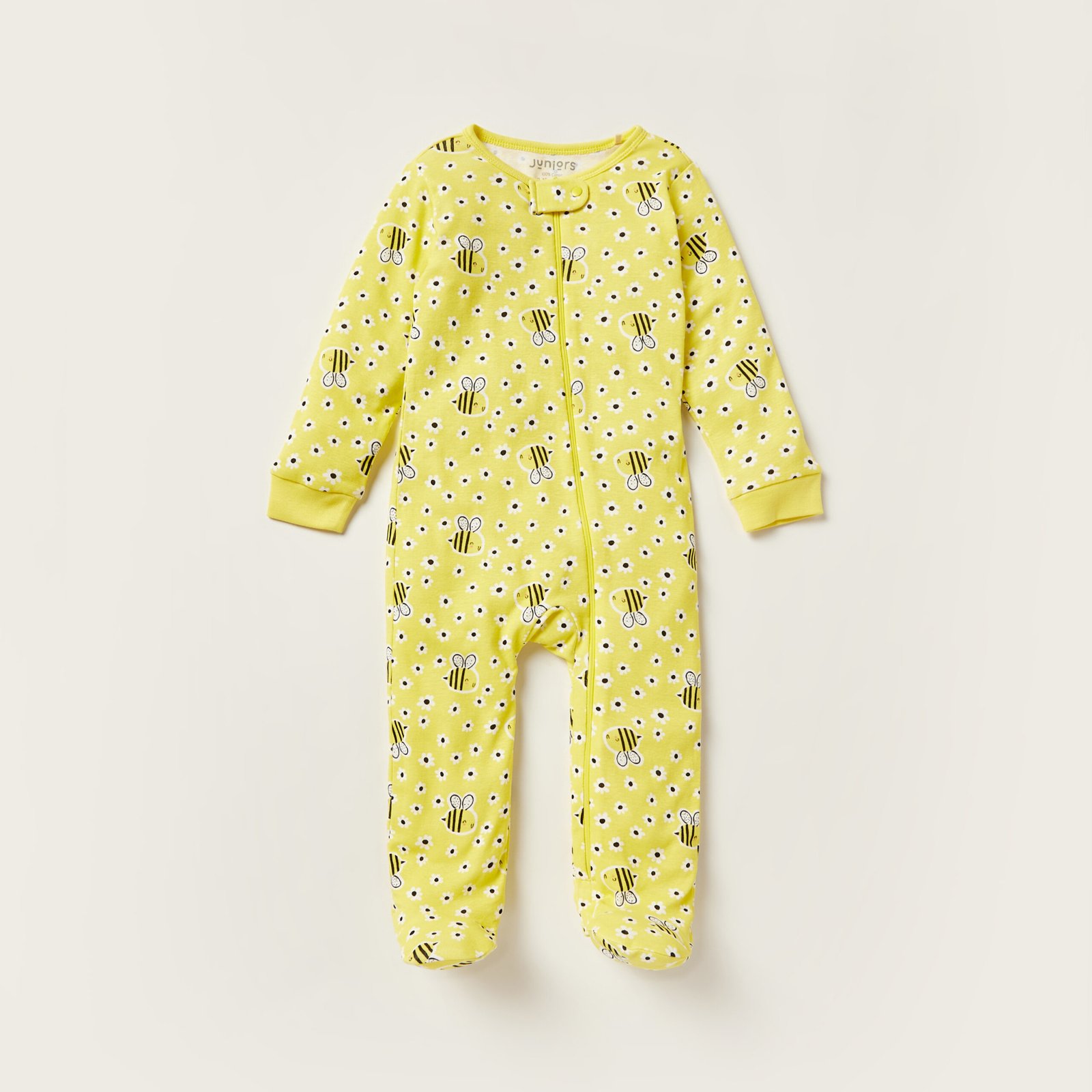 Bee Print Closed Feet Sleepsuit with Round Neck and Long Sleeves