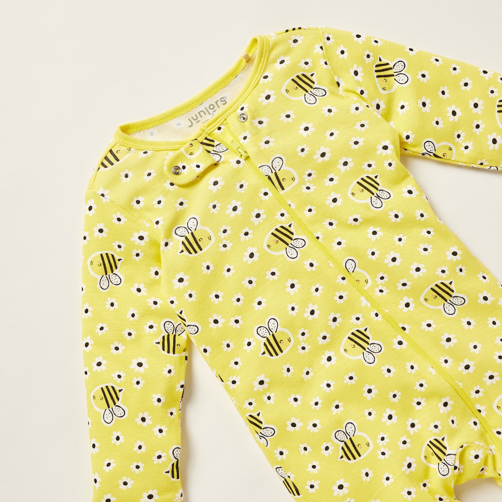 Bee Print Closed Feet Sleepsuit with Round Neck and Long Sleeves - Image 2