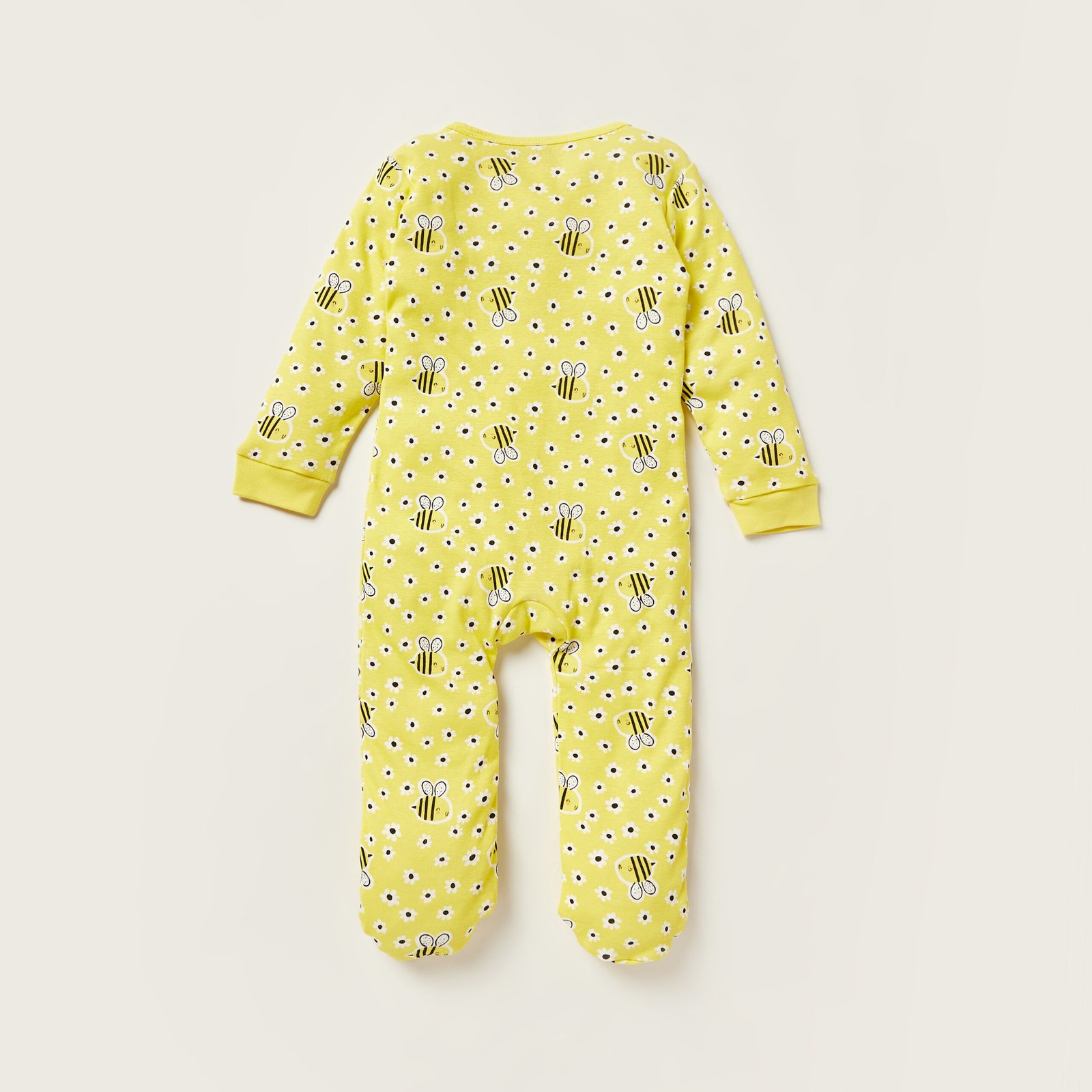Bee Print Closed Feet Sleepsuit with Round Neck and Long Sleeves - Image 4
