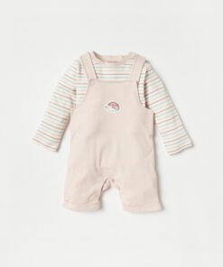 Applique Work Dungaree and Striped T-shirt Set