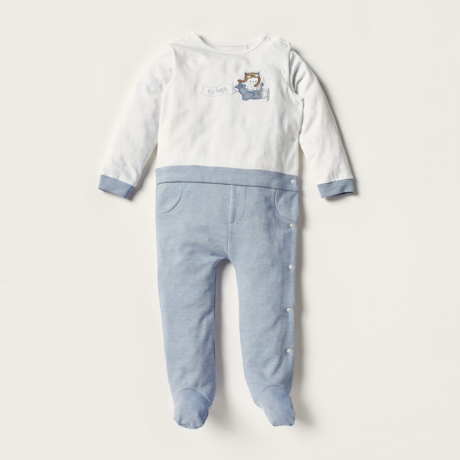 Embroidered Closed Feet Sleepsuit with Long Sleeves