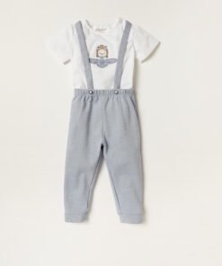 Embroidered Round Neck T-shirt and Dungarees
