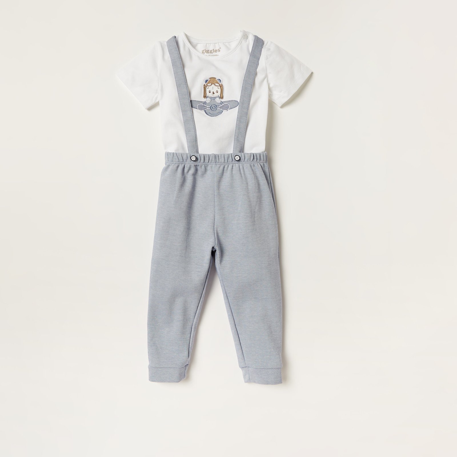 Embroidered Round Neck T-shirt and Dungarees