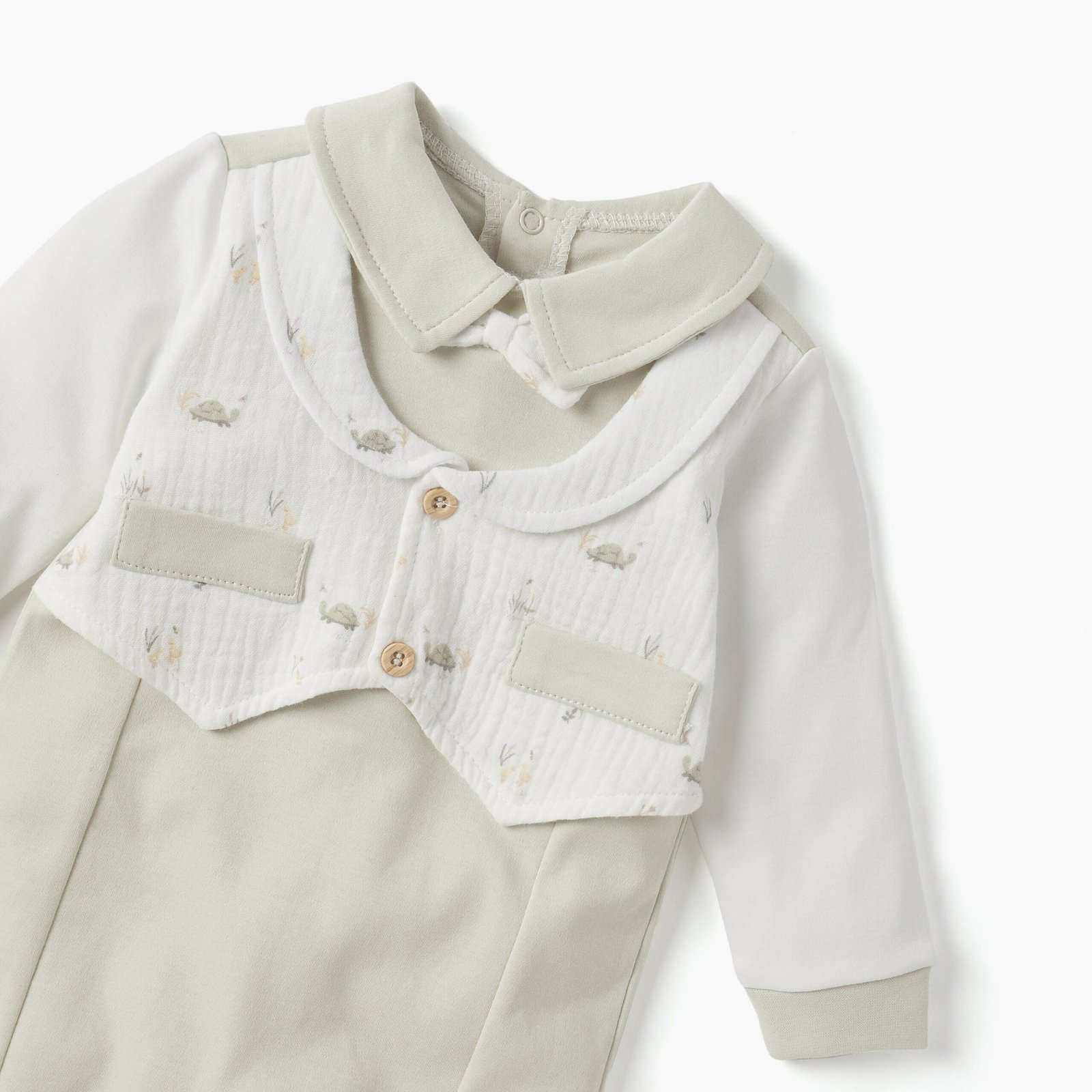 Solid Closed Feet Sleepsuit with Collar and Waistcoat - Image 3