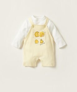 Solid Crew Neck T-shirt and Fruit Accented Dungaree Set