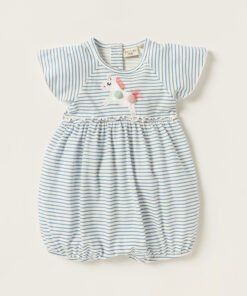 Striped Round Neck Romper with Short Sleeves and Applique