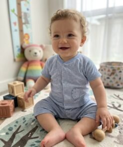 Short Sleeves Striped Romper with Button Closure