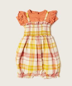 Alternative view of Solid T-shirt and Checked Dungaree Set