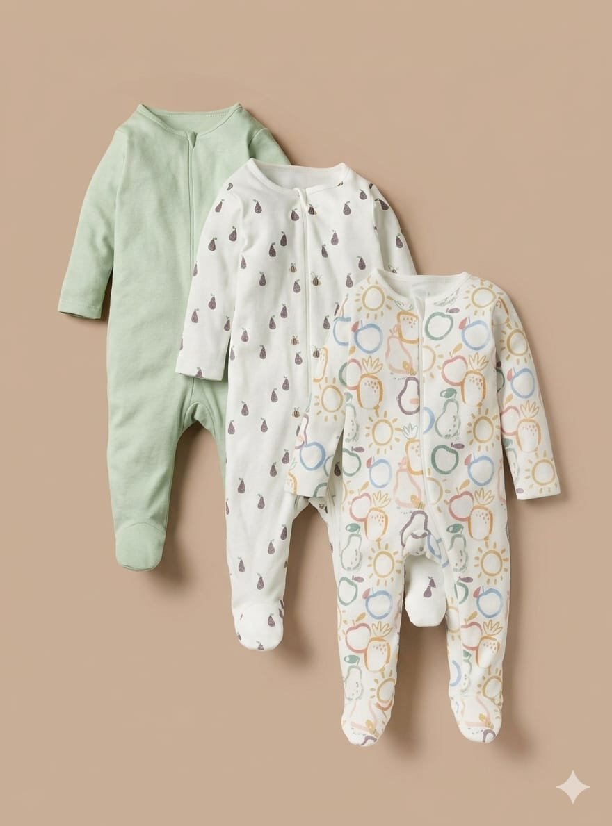 Closed Feet Sleepsuit with Zip Closure | Set of 3