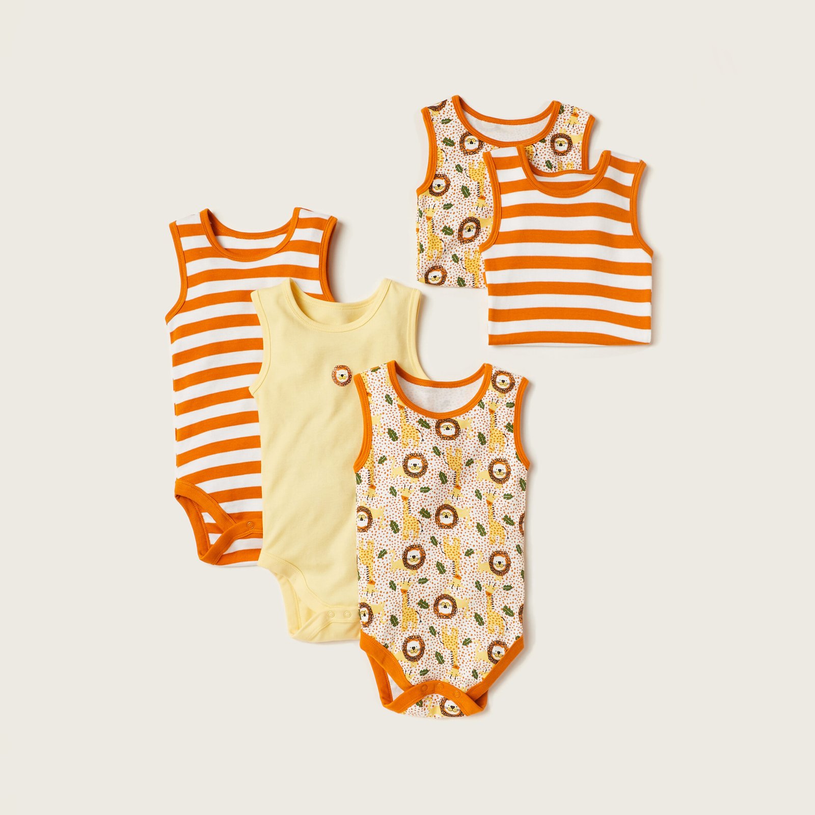 Printed Sleeveless Bodysuit wit Button Closure - Set of 5