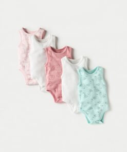 Printed Sleeveless Bodysuit with Button Closure - Set of 5