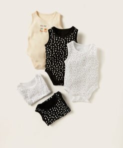 Printed Sleeveless Bodysuit with Snap Button Closure - Set of 5