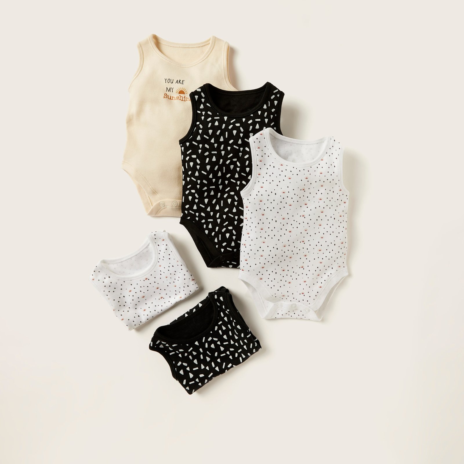 Printed Sleeveless Bodysuit with Snap Button Closure - Set of 5